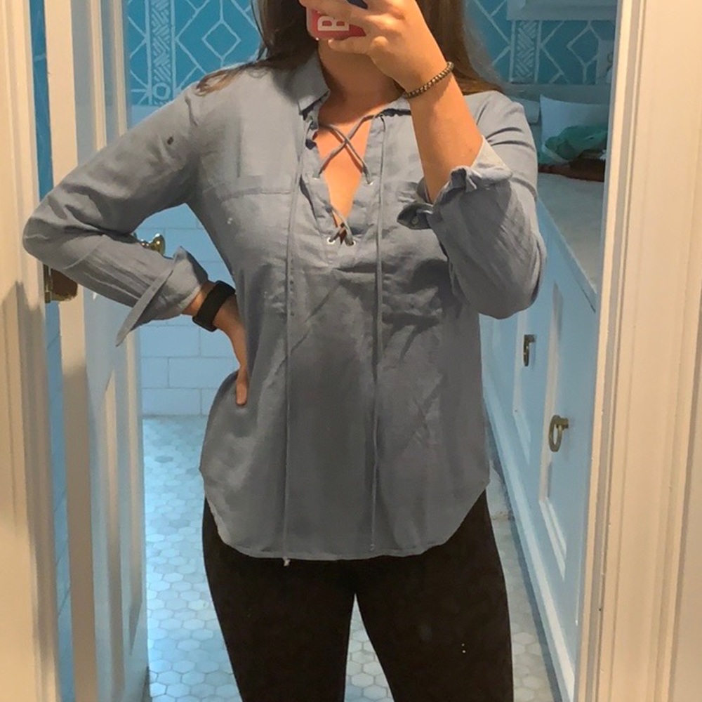 Blue Chambray lace up neckline top